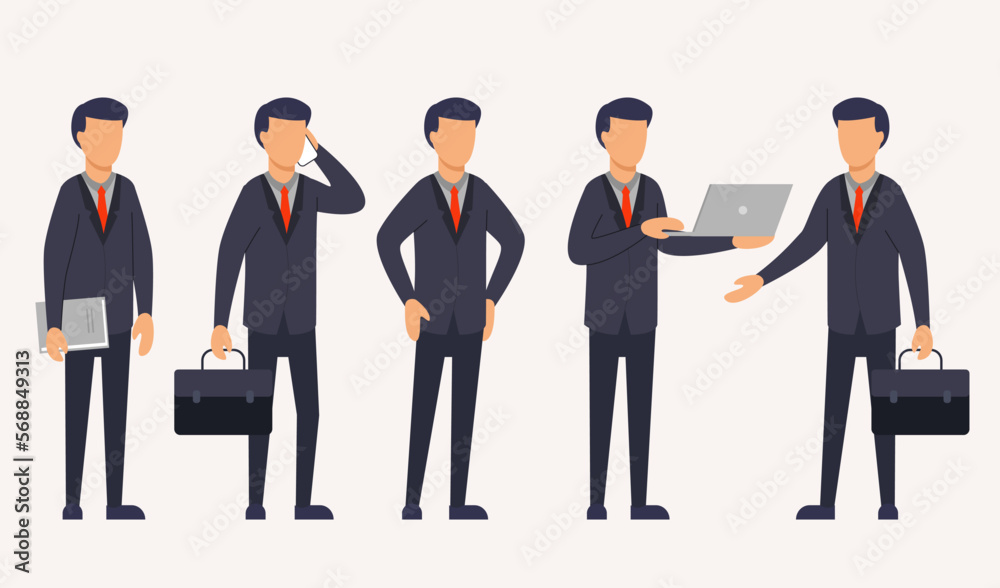 Set of business man with different gestures in cartoon character flat vector Set of business man with different gestures in cartoon character flat vector