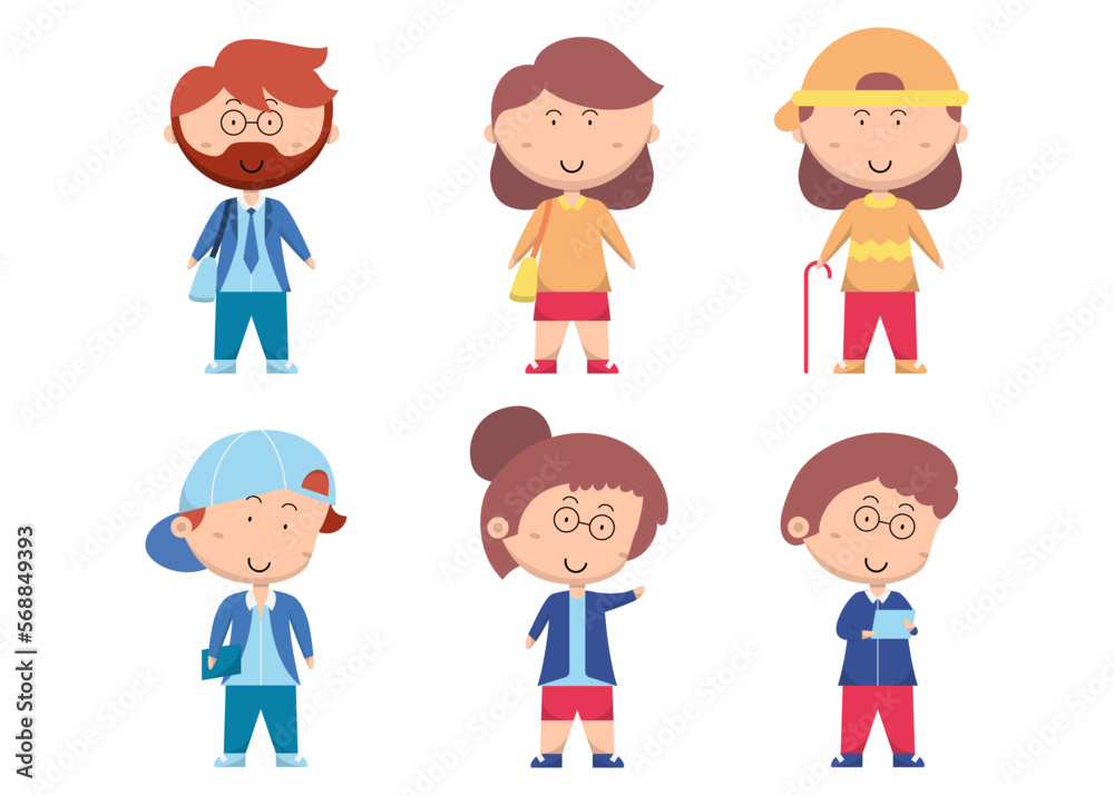 Set of people with different action in cartoon character flat vector Set of people with different action in cartoon character flat vector