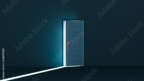 3d render of bright light shining through an ajar door into a dark room photo