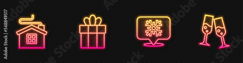 Set line Snowflake speech bubble, Merry Christmas house, Gift box and Glass of champagne. Glowing neon icon. Vector