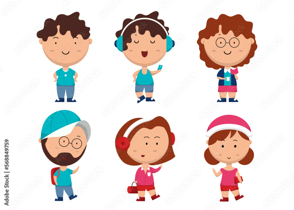 Set of people with different action in cartoon character flat vector