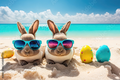 Easter bunnies and colorful Easter eggs on a sand beach. Easter vacation. Generative AI