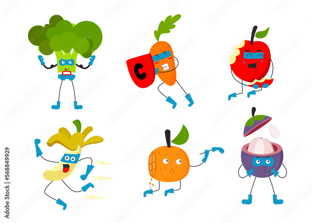 Fototapeta premium Set of fruit and vegetable in cartoon characters flat vector