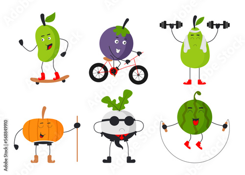 Set of fruit and vegetable in cartoon characters flat vector