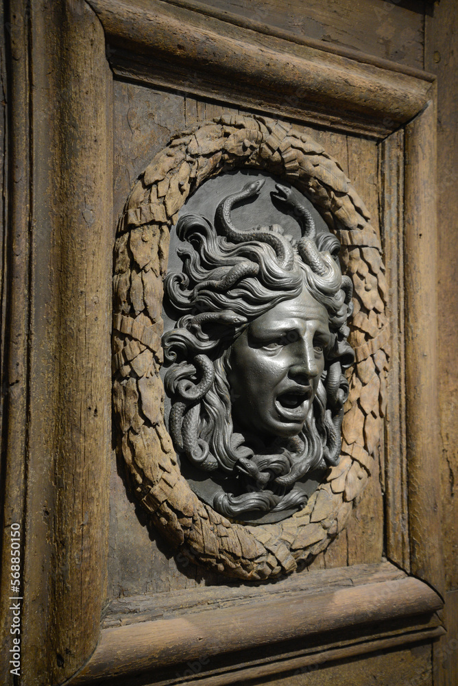 A medusa face sculpture on a door formerly on Paris’ city hall, inside the musée Carnavalet