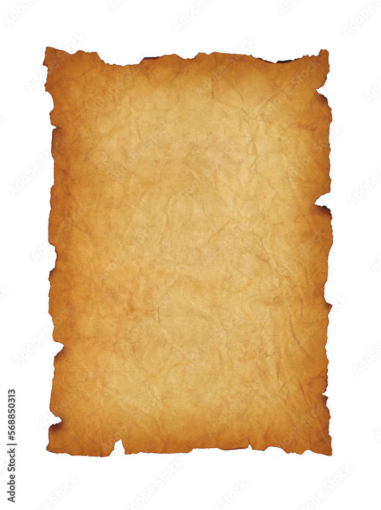 Old mediaeval paper sheet. Parchment scroll isolated on white