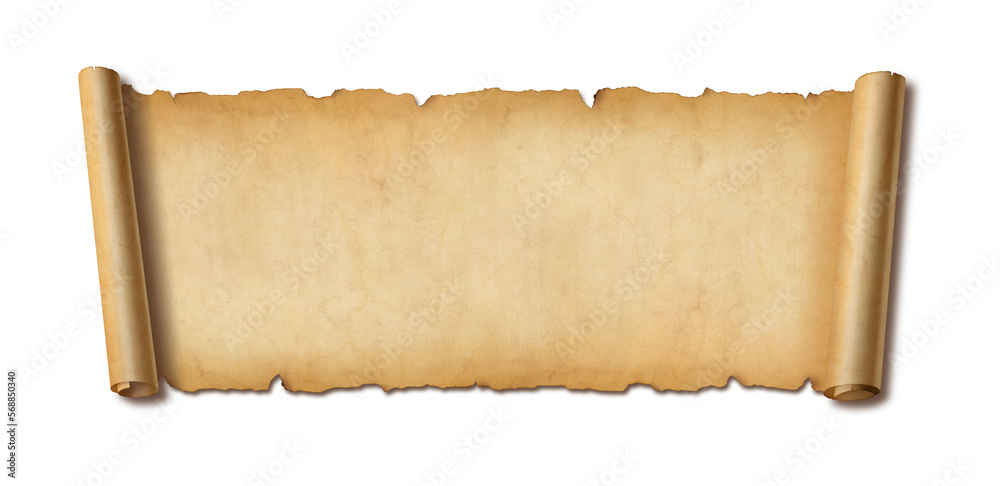 Fototapeta premium Old paper horizontal banner. Parchment scroll isolated on white with shadow