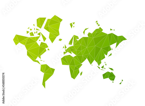 Green world map shape made of polygons. 3D illustration on a transparent background