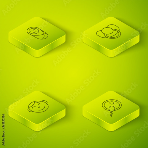 Set Isometric line Baby dummy pacifier, Little boy head, Sperm and Newborn baby infant swaddled icon. Vector