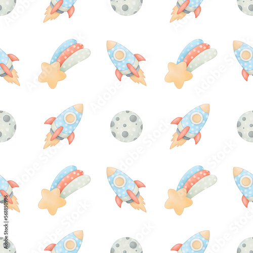 Сute kid's pattern with rocket,moon and stars. Hand drawn watercolor seamless pattern