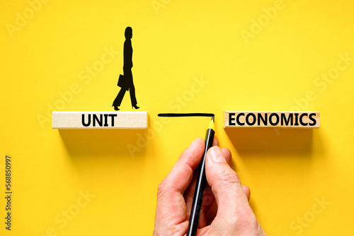 Unit economics symbol. Concept words Unit economics on wooden blocks. Beautiful yellow table yellow background. Businessman hand. Businesswoman icon. Business and unit economics concept. Copy space.