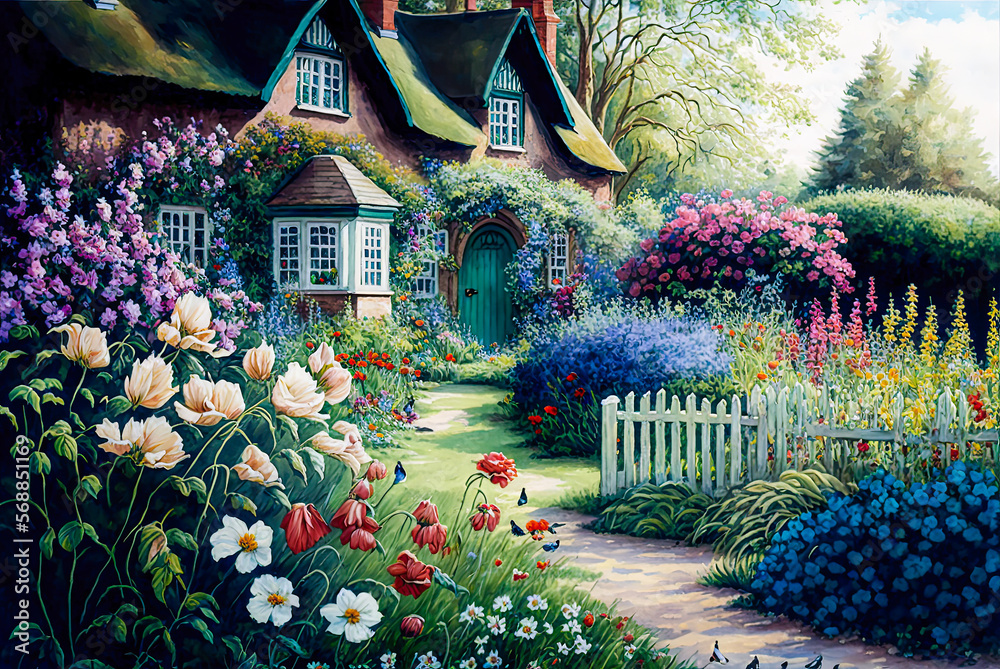 English cottage garden watercolor painting, house, fence, pathway