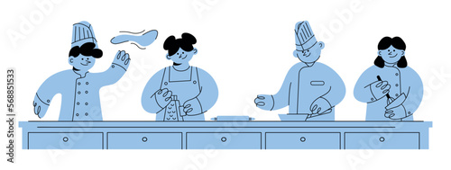 People cook food. Cute cartoon character. Hand drawn isolated Vector illustration. Restaurant, professional kitchen, cooking class of local food  concept