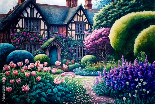 English cottage garden watercolor painting, entrance to timber frame house. Generative AI photo