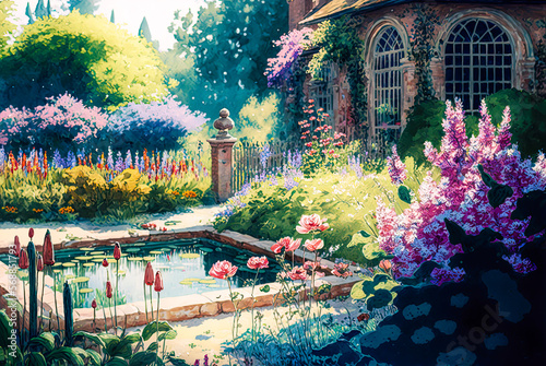 English cottage garden watercolor painting  square pond. Generative AI