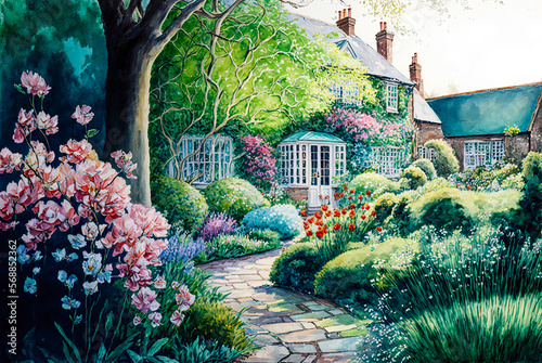 English cottage garden watercolor painting, stone path leading to house. Generative AI