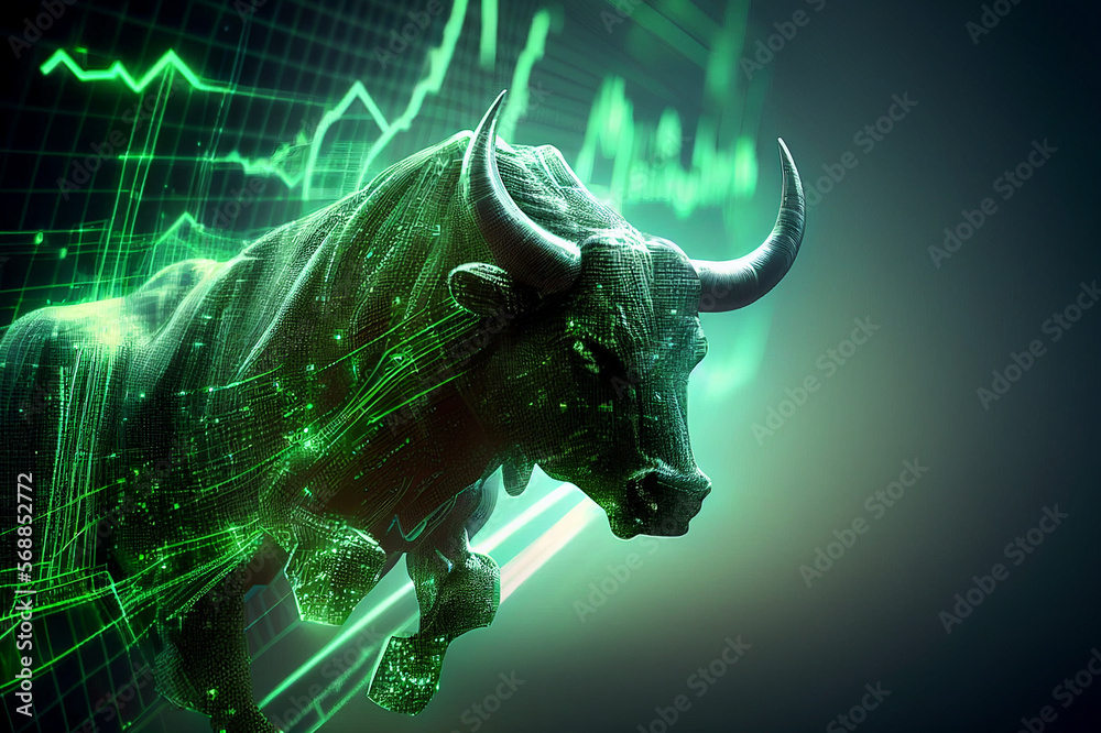 Stock market bull market trading Up trend of graph green background rising price Generative AI. - obrazy, fototapety, plakaty 