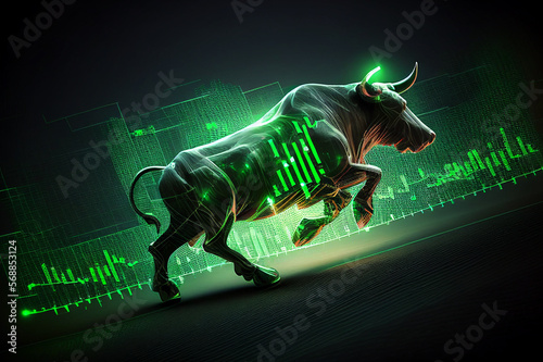 Green Bull market run upward presents uptrend stock market, Financial and business concept Generative AI.