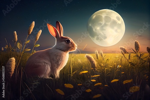 Landscape of easter rabbit with the full moon and flowers meadow. Ai generated