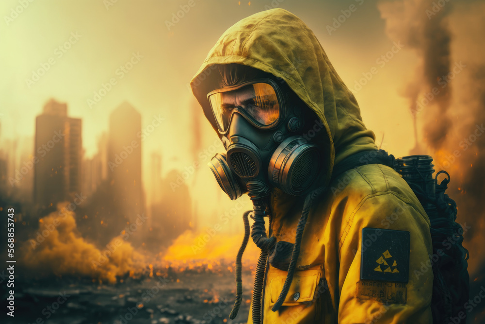 man in a protective yellow suit and gas mask front of a burning destroyed city nuke war earthquake man in a protective yellow suit and gas mask front of a burning destroyed city nuke war earthquake