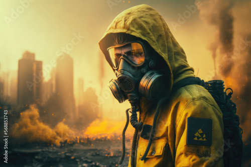 man in a protective yellow suit and gas mask front of a burning destroyed city nuke war earthquake