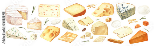 Fotografiet Watercolor different kinds cheeses with cutted pieces, milk dairy product