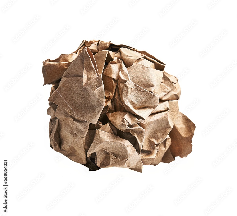  One brown crumpled paper ball over isolated white background
