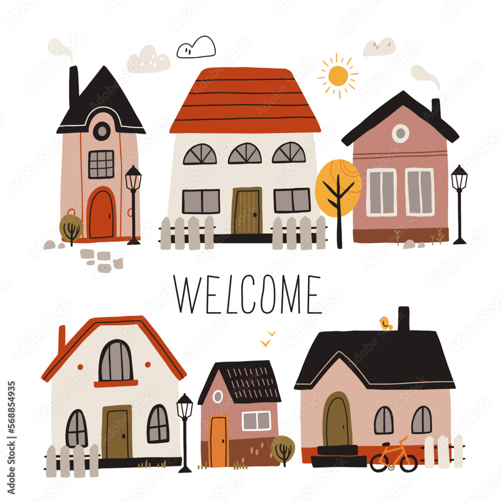 Vector illustration of cute cartoon houses. Traditional old buildings. Travel poster, postcards, greeting cards template. Hand drawn scandinavian style vector illustration.