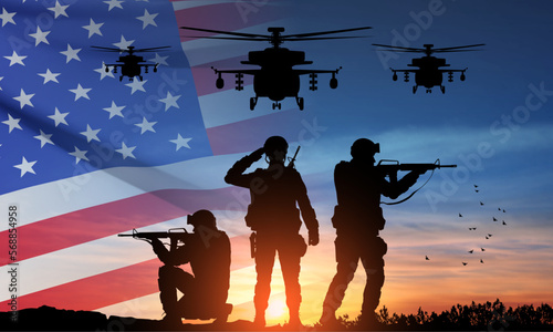 Silhouettes of soldiers and military helicopters against the sunset and USA flag. Concept - Armed Froces. EPS10 vector