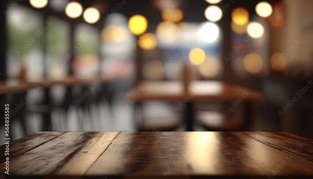 Wooden top table with bokeh light effect and blur rustic restaurant on background, blur background , by ai generative