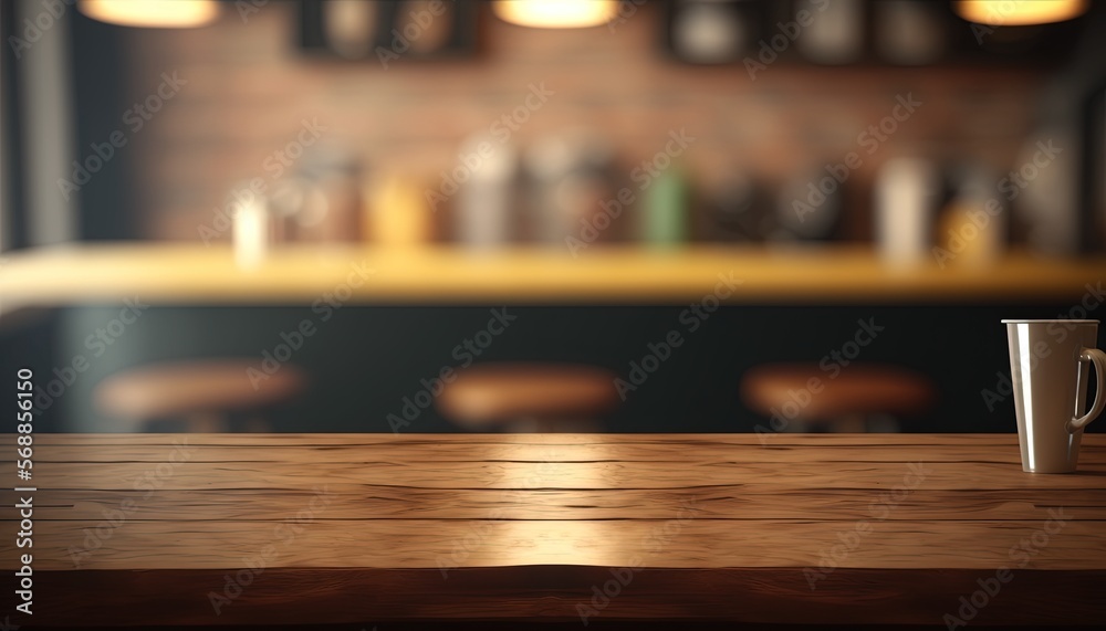 Wooden top table with bokeh light effect and blur restaurant on background, blur background , by ai generative