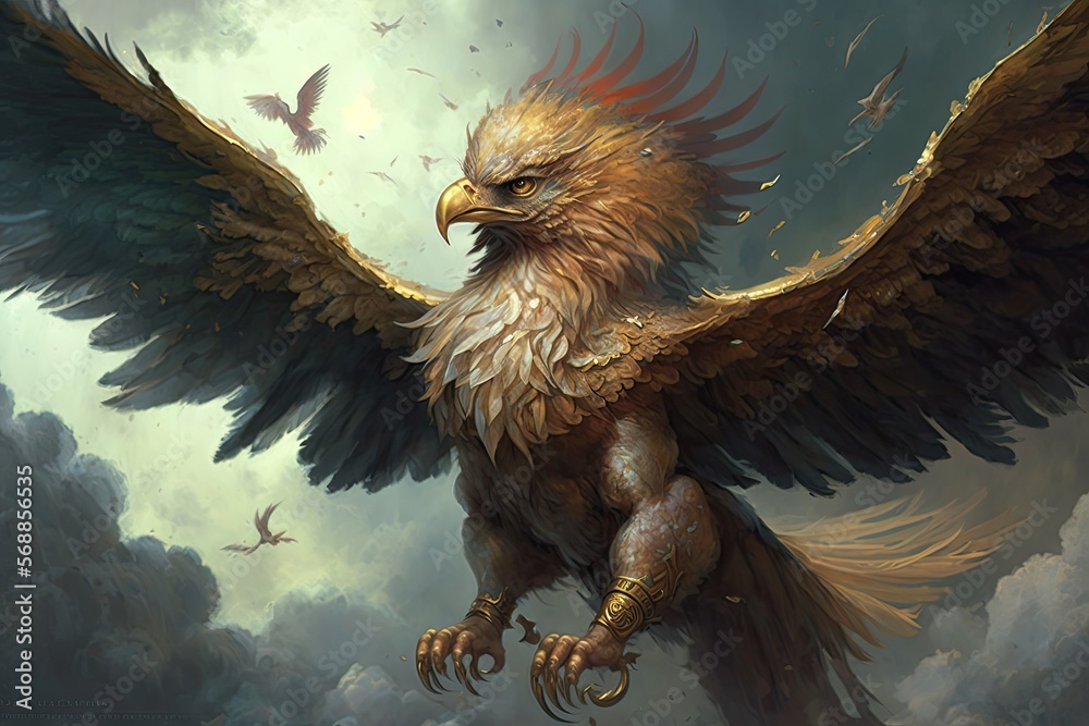 A griffin with a majestic presence and sharp talons, flying through the ...