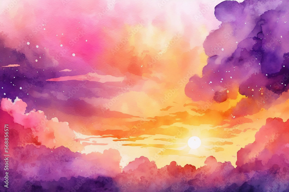 Beautiful hues of yellow gold pink and purple watercolor background sunset sky. Generative ai.