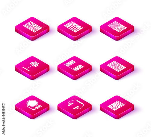 Set Microphone, Headphones, Music stand, Stereo speaker, MP3 player, synthesizer, tape and Drum machine icon. Vector