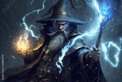 A sorcerer with a mysterious expression and a staff, conjuring bolts of lightning from the sky to do its bidding..Digital art painting,Fantasy art,Wallpaper