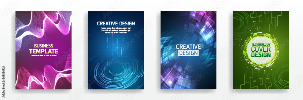 Fototapeta premium Brochure, flyer, book, annual report. Blue hi-tech vector illustrations for business presentations. Futuristic business posters. Technology covers corporate documents. Layout template science designs.