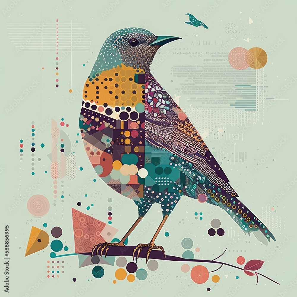 Bird Square Pattern bird made from squares, circles, alphabets, poka dots, lines, flowers ...