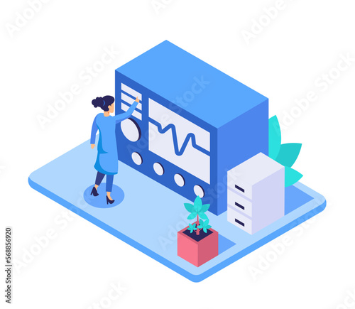 Isometric visual young doctor female looking heart Rate variability in hospital vector illustration