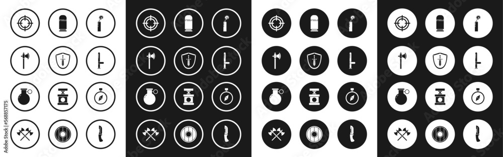 Set Dynamite bomb stick clock, Medieval shield with sword, axe, Target sport, Police rubber baton, Cartridges, Compass and Hand grenade icon. Vector Set Dynamite bomb stick clock, Medieval shield with sword, axe, Target sport, Police rubber baton, Cartridges, Compass and Hand grenade icon. Vector