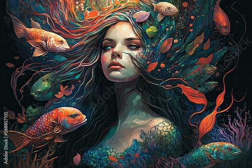 A mermaid with a serene expression and flowing hair, swimming gracefully through a coral reef surrounded by colorful fish.Digital art painting,Fantasy art,Wallpaper. Generative ai.	