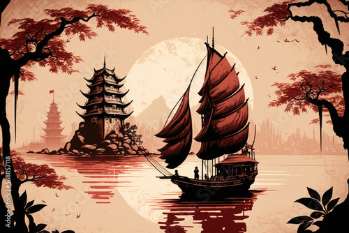 Chinese junk ship sailboat sailing past the Pagoda Chinese painting style, generative ai photo