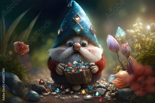 A gnome with a twinkling eye and a mischievous grin  tending to its garden of glittering gems and mushrooms.Digital art painting Fantasy art Wallpaper. Generative ai.