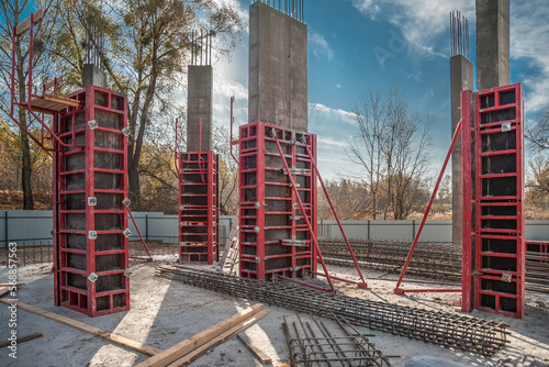 Vertical formwork panels on the construction of a residential building. photo