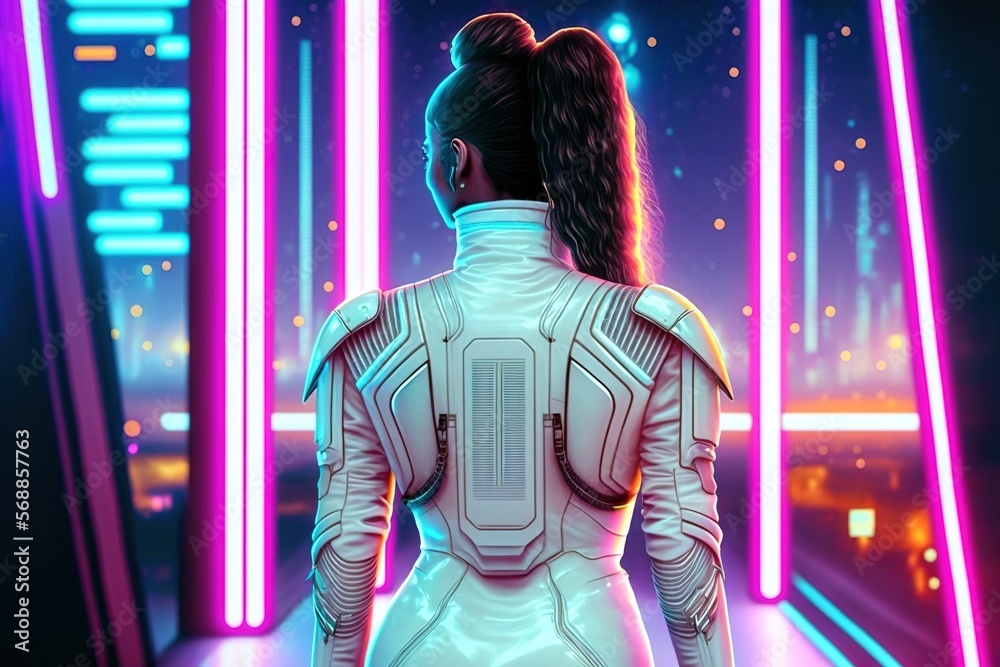 A futuristic woman in a white space suit standing in front of a colorful cyberpunk neon city, generative ai