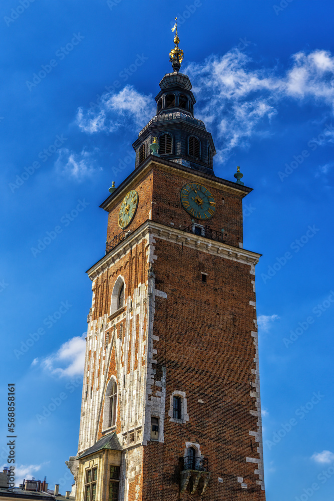 Gothic town hall tower with clock in Cracow, Poland