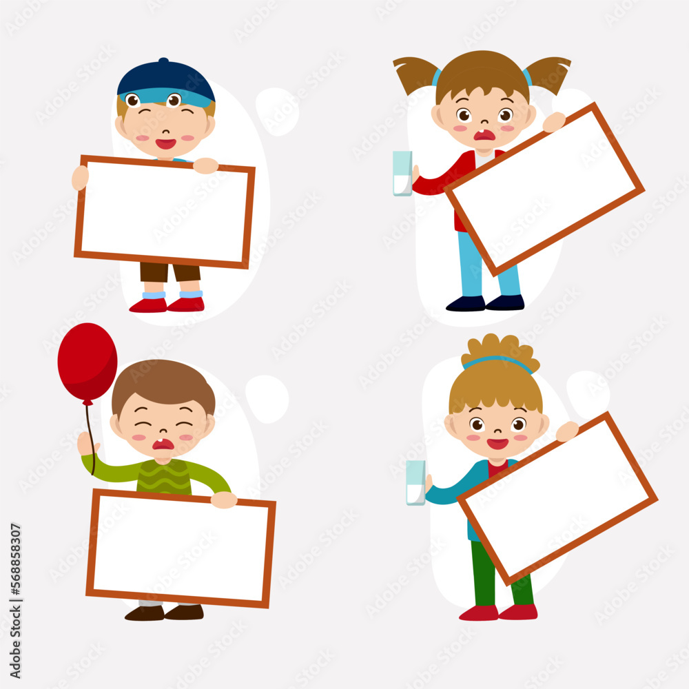 Set of people holding blank board in cartoon character flat vector