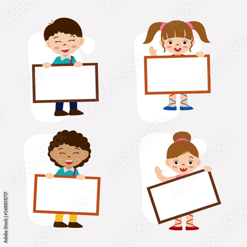 Set of people holding blank board in cartoon character flat vector