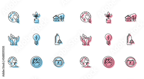 Set line Earth globe and plant, No trash, leaf, Battery with recycle symbol, Light bulb lightning, Recycling plastic bottle, Sprout hand of environmental protection and Plant icon. Vector