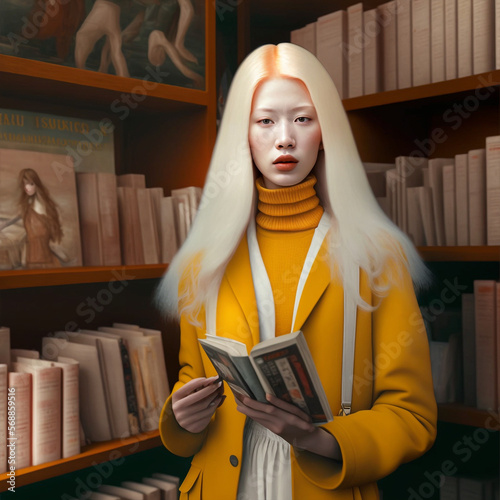Generative ai portrait beautiful albino woman fashionable posing indoors bookshop looking camera glamorous
