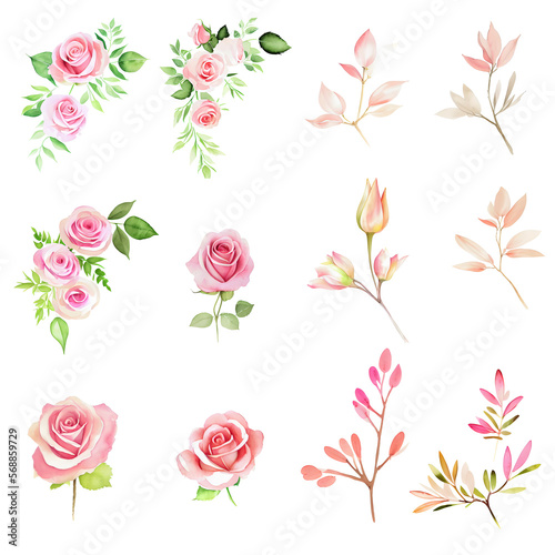 Pink floral watercolor elements with alpha